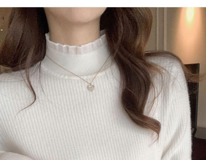 Mock Neck Plain Ruffle Trim Ribbed Knitted Sweater Product Image