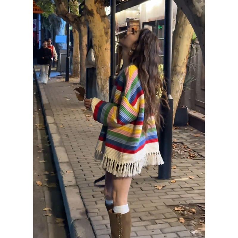Round Neck Rainbow Striped Fringed Sweater Product Image