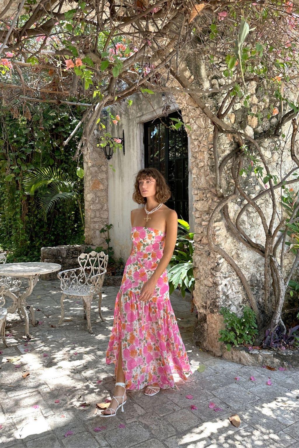 LaBelle Strapless Drop Waist Pink Floral Maxi Dress Product Image