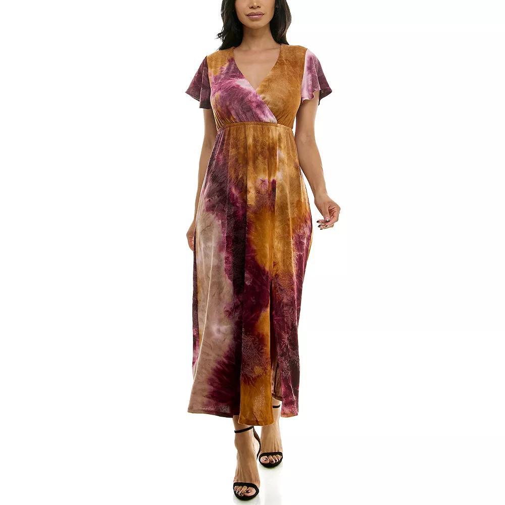 Women's Nina Leonard Tie Dye Print Flutter Sleeve V-Neck Maxi Dress, Size: Small, Grey Team Product Image