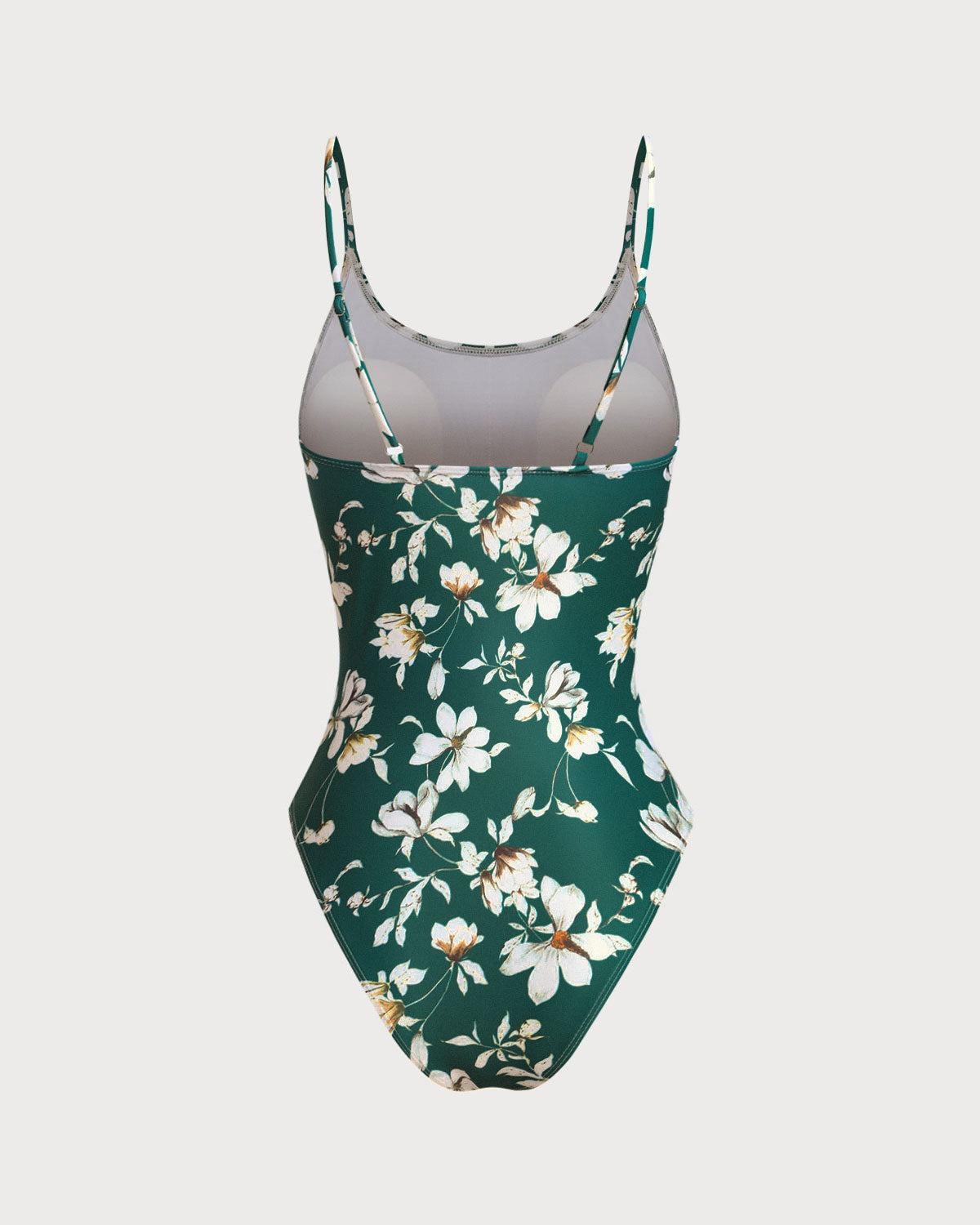 Green Floral Backless One-Piece Swimsuit Product Image