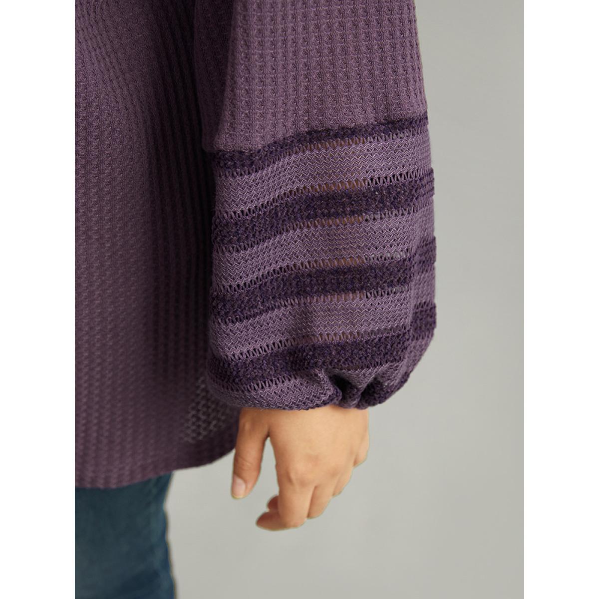 Plus Size Plain Texture Patchwork Hollow Out T-shirt Mauve Women Casual Elastic cuffs Plain Round Neck Dailywear T-shirts BloomChic 18-20/2X Product Image