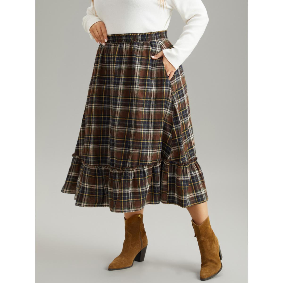 Plus Size Plaid Pocket Ruffle Layered Hem Skirt Women Multicolor Elegant Elastic Waist No stretch Pocket Dailywear Skirts BloomChic 26/4X Product Image