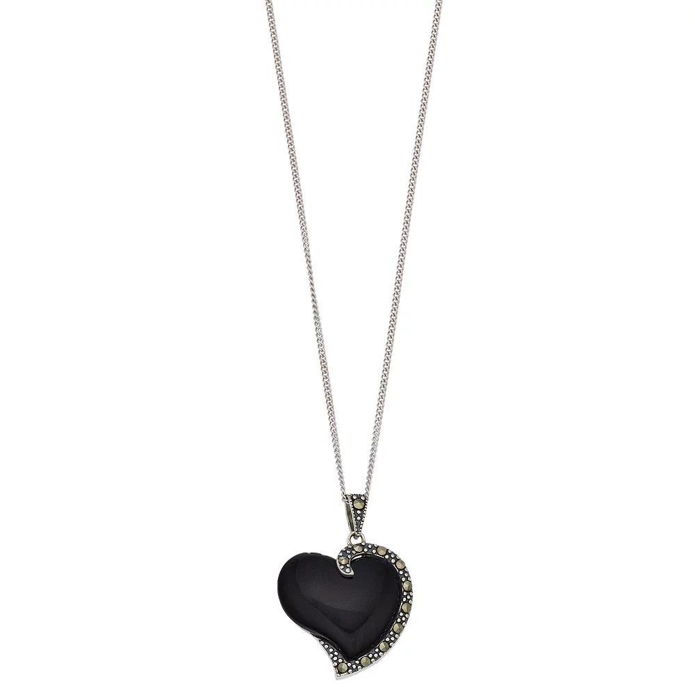Tori Hill Sterling Silver Onyx & Marcasite Heart Pendant Necklace, Women's, Size: 18" Product Image