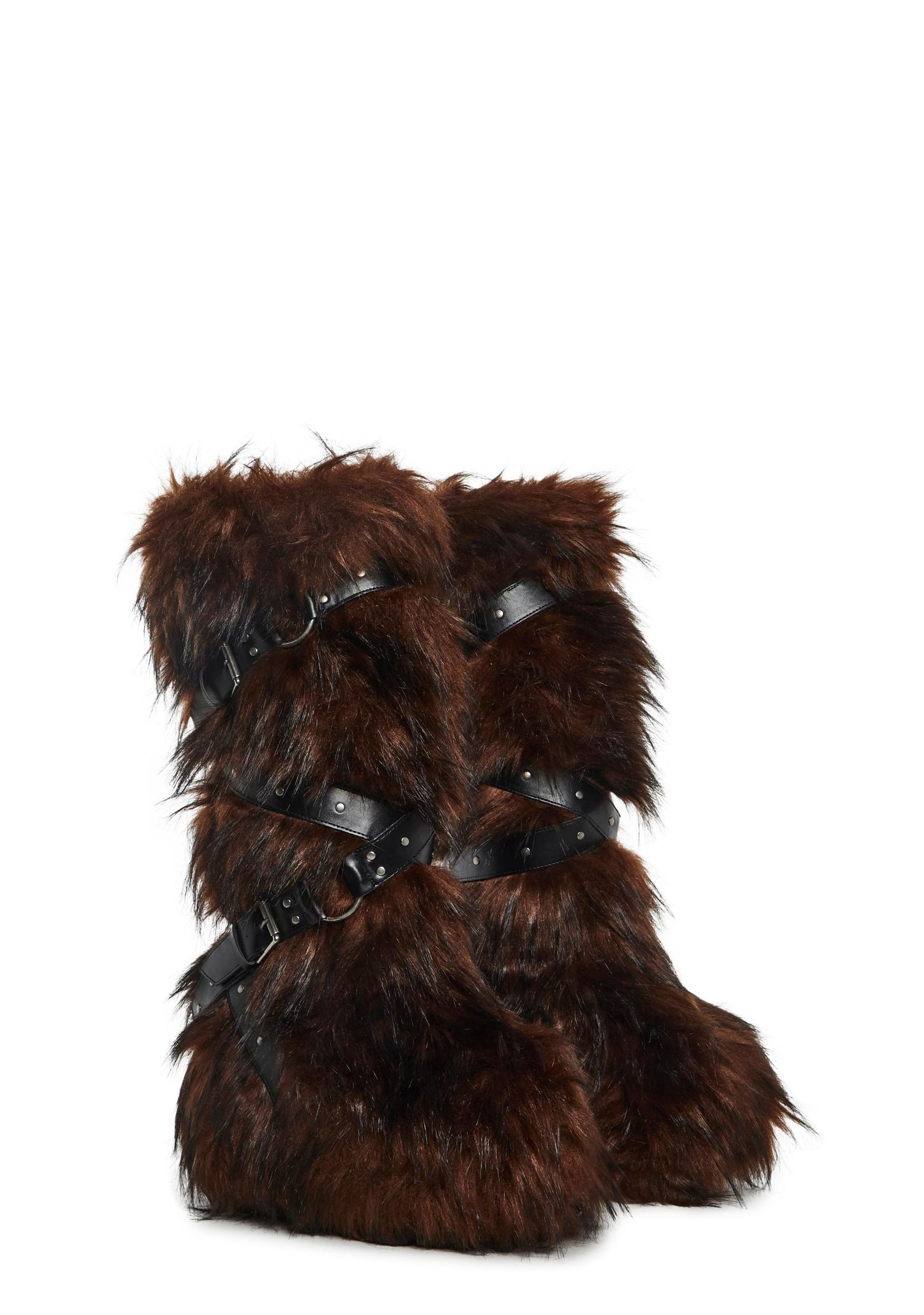 Club Exx Burning Man Faux Fur Strappy Knee High Wedge Platform Boots - Dark Brown Product Image