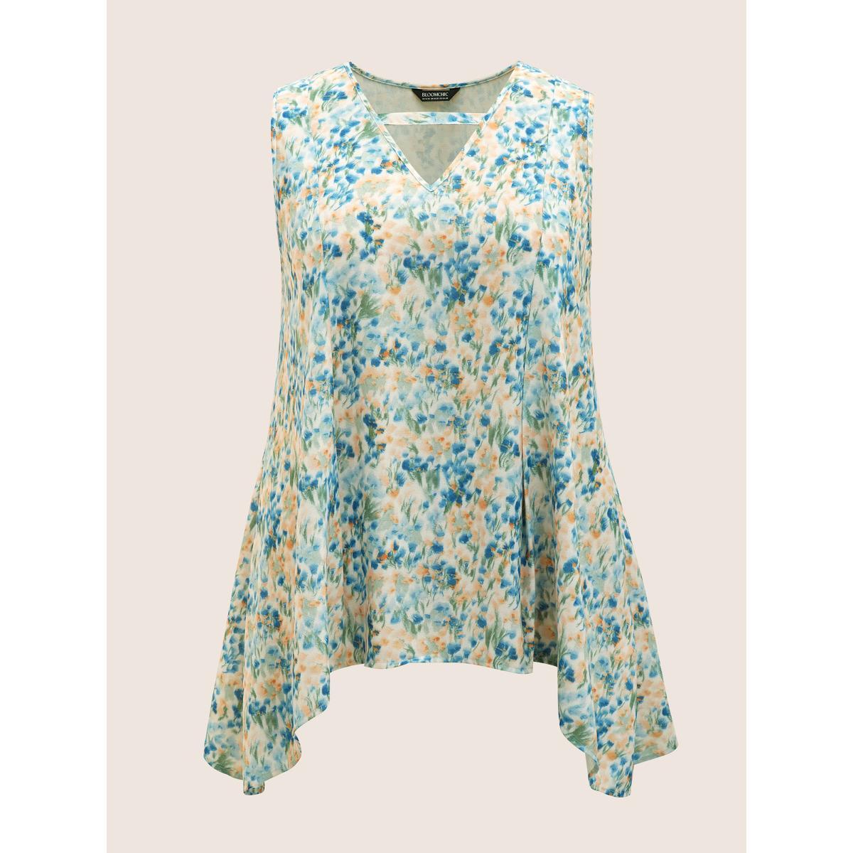 Plus Size Watercolor Floral Keyhole Hanky Hem Tank Top Women Multicolor Elegant Contrast Non Everyday Tank Tops Camis BloomChic 18-20/2X Product Image