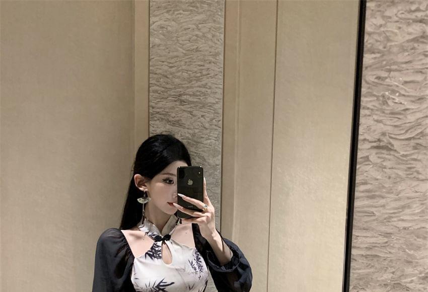 Long-Sleeve Halter-Neck Bamboo Print Frog Buttoned Midi Mermaid Dress Product Image