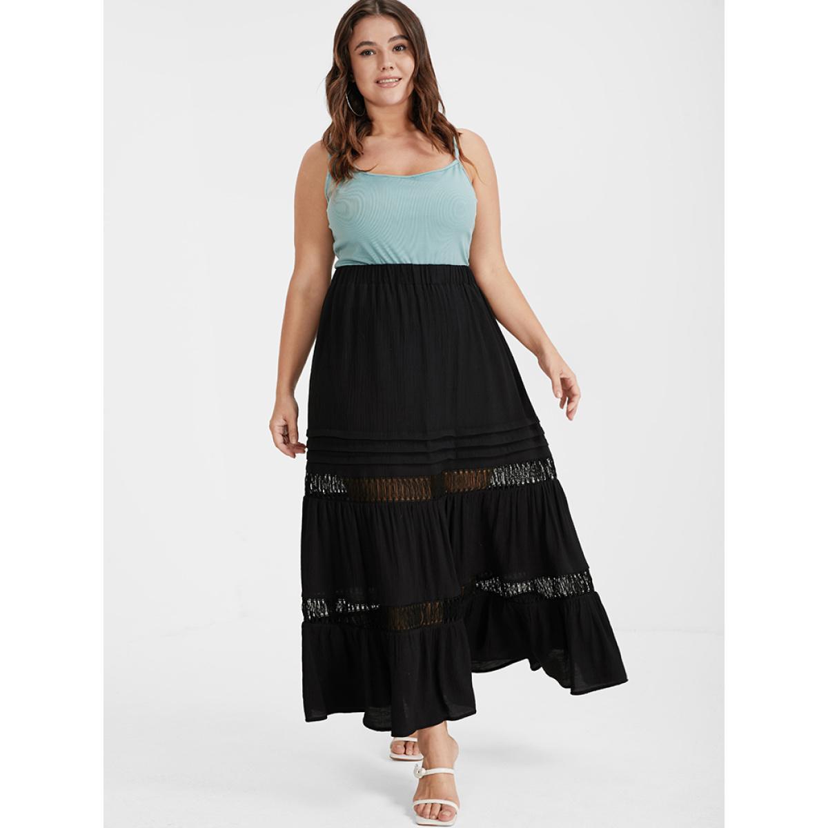 Plus Size Eyelet Lace Patchwork Elastic Waist Skirt Women Black Elegant Patchwork Loose No stretch Dailywear Skirts BloomChic 22-24/3X Product Image