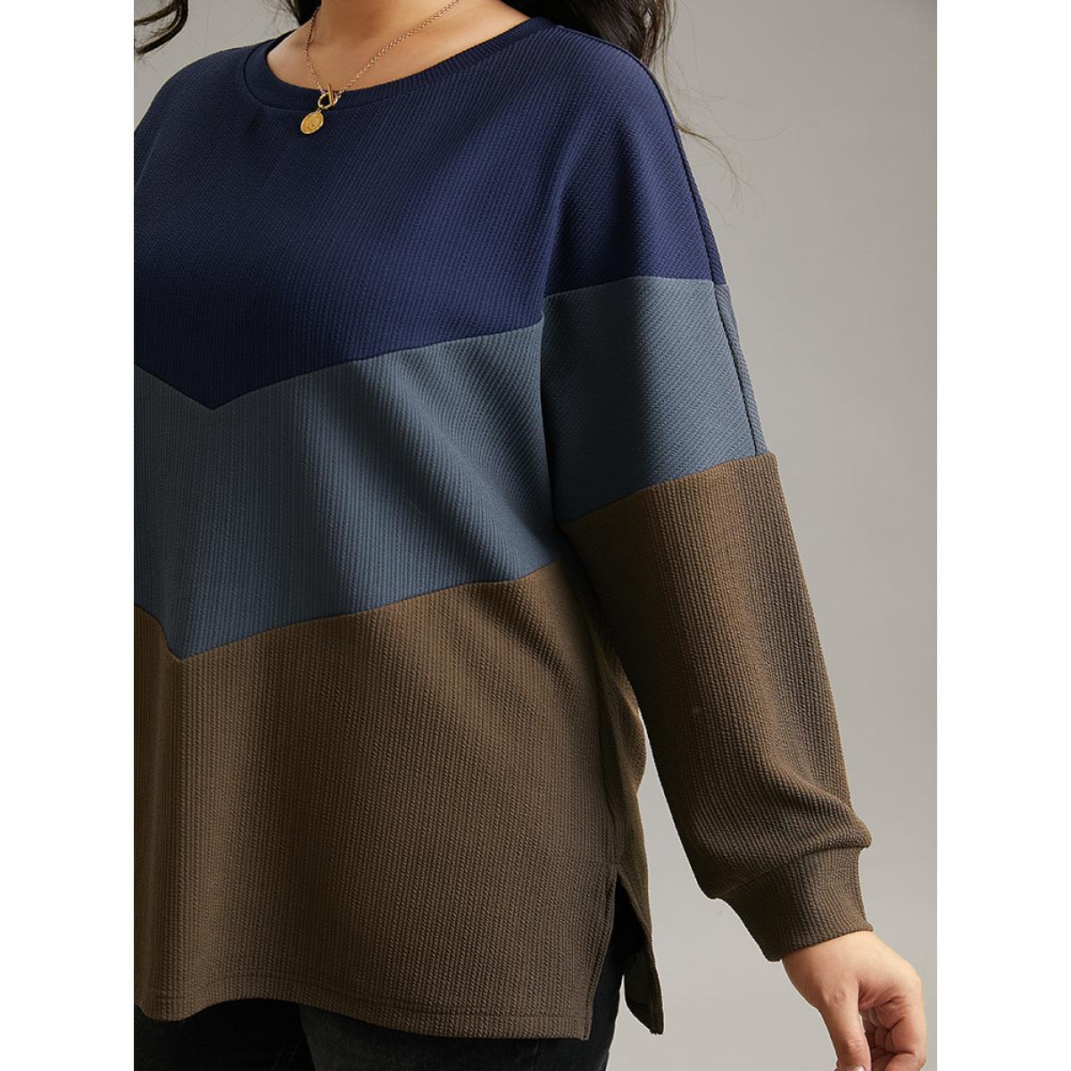 Plus Size Colorblock Rib Knit Drop Shoulder Sweatshirt Women Multicolor Casual Contrast Round Neck Dailywear Sweatshirts BloomChic 30/6X Product Image