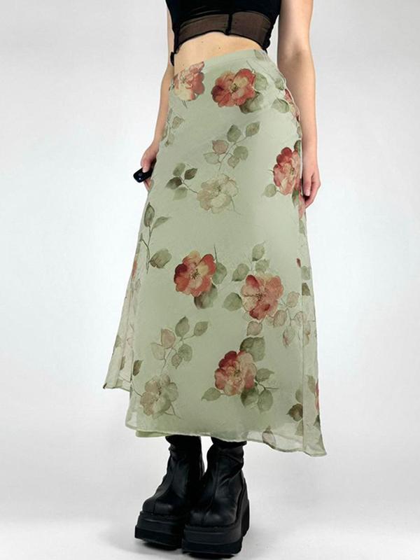 French Small Fresh Floral Print Maxi Skirt Product Image