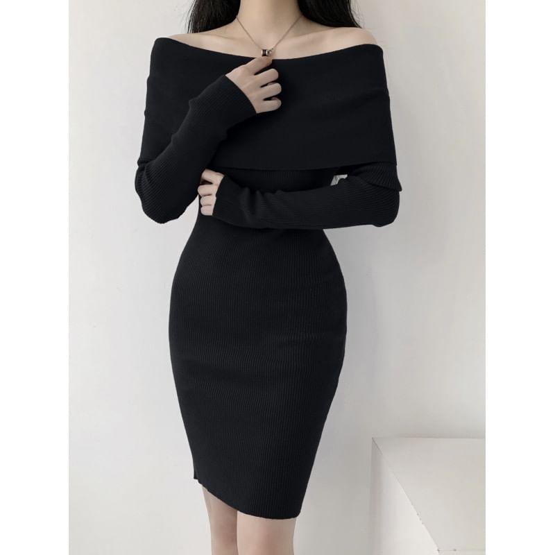 Off-Shoulder Long-Sleeve Plain Mini Knit Dress Product Image