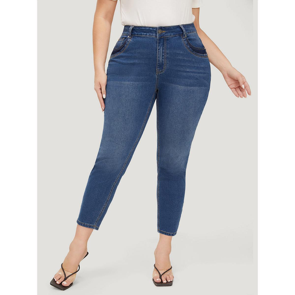 Plus Size Very Stretchy High Rise Medium Wash Patched Patchwork Jeans Women Indigo Casual Plain Patchwork High stretch Pocket Jeans BloomChic 30/6X Product Image