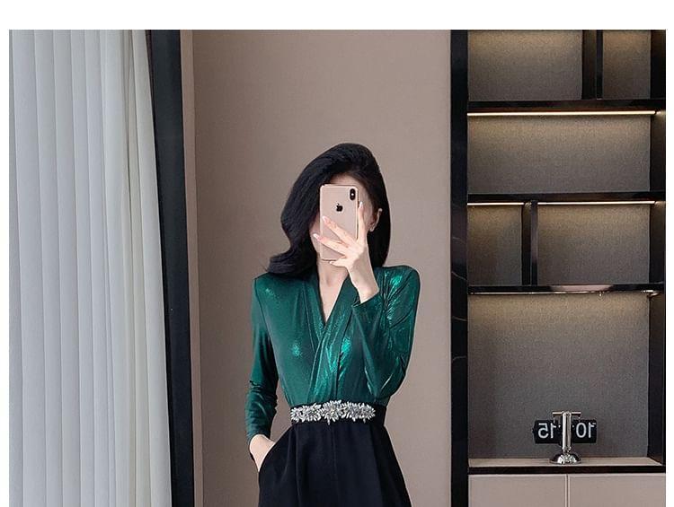 Long-Sleeve Faux Leather Wide Leg Jumpsuit Product Image
