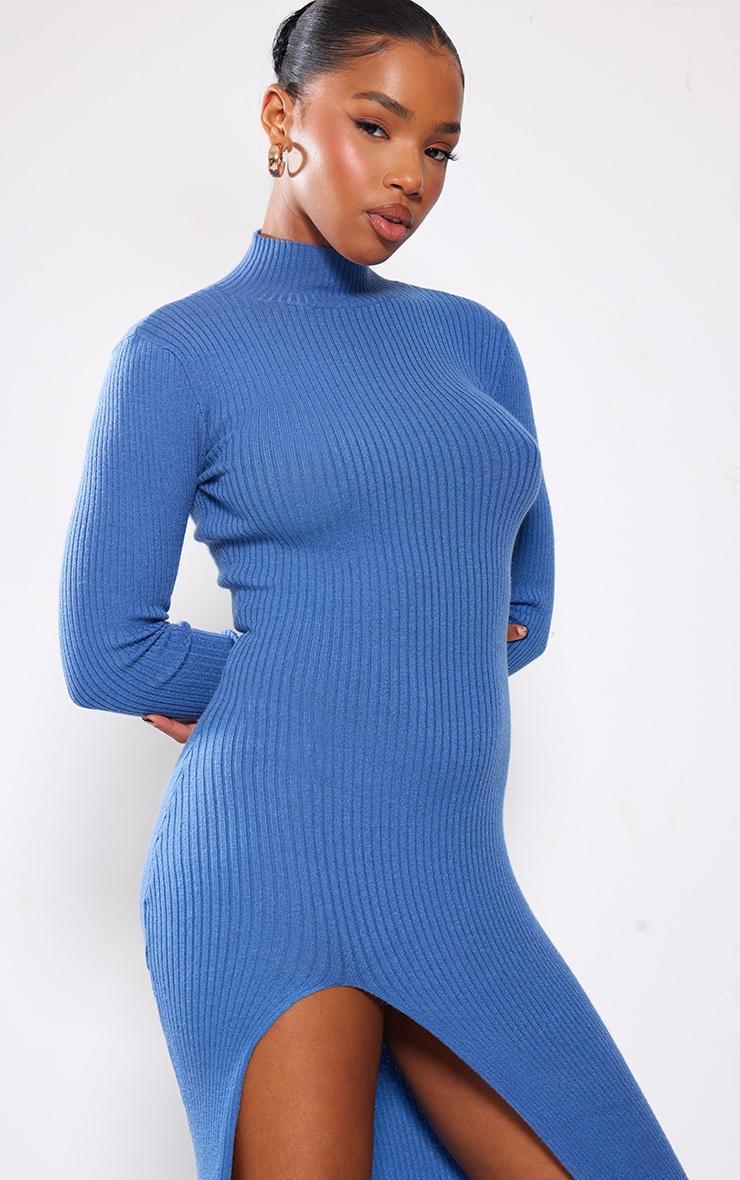 Blue Knitted Ribbed Side Split Maxi Dress Product Image
