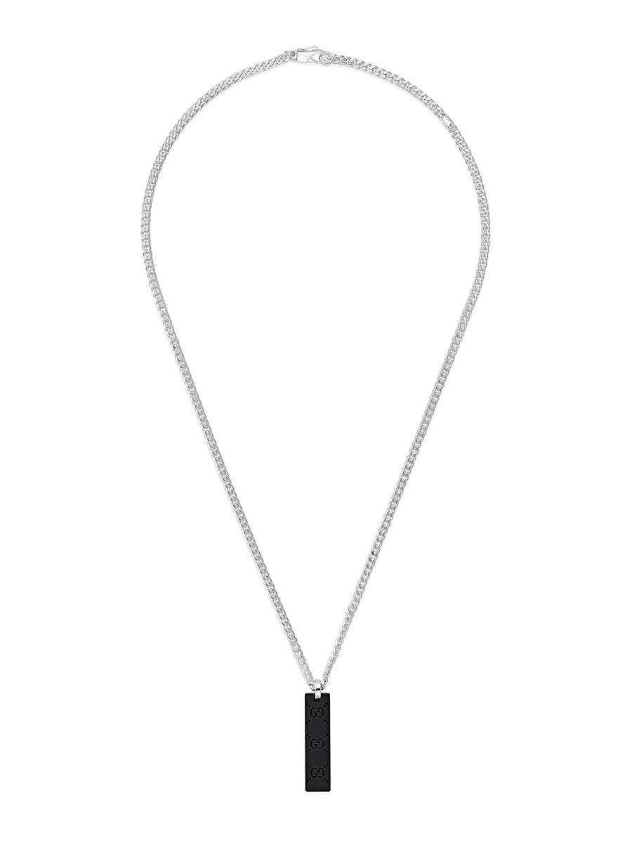 Mens Sterling Silver & Leather Tag Pendant Necklace Product Image