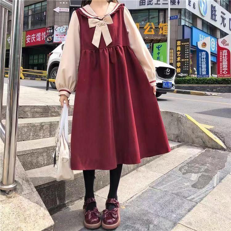 Puff-Sleeve Collar Bow Two Tone Midi Smock Dress Product Image
