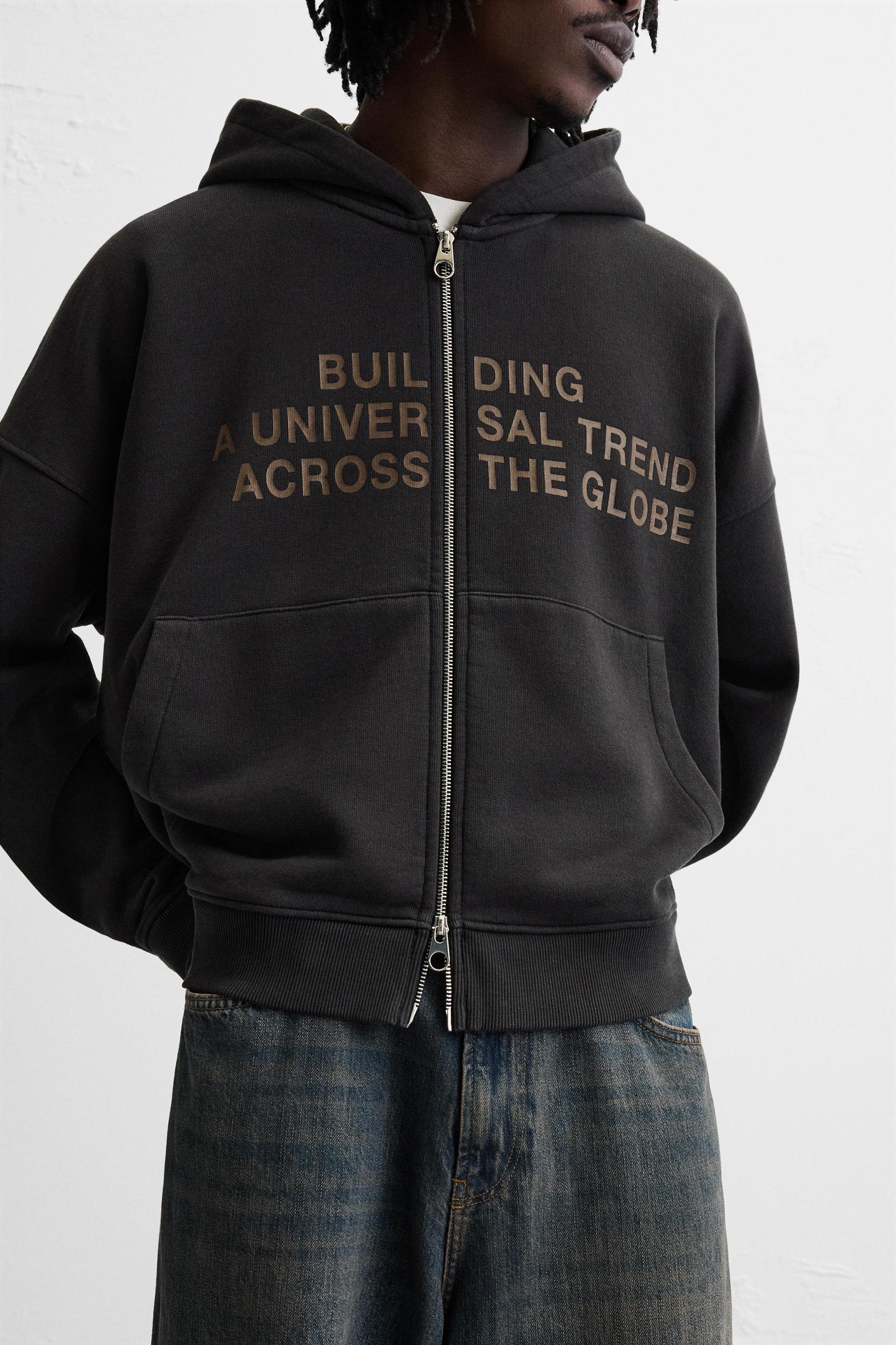 WASHED ZIP-UP TEXT HOODIE Product Image