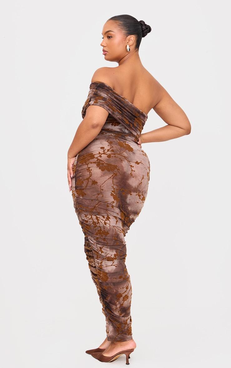 Plus Brown Drape Ruched Devore Maxi Dress Product Image