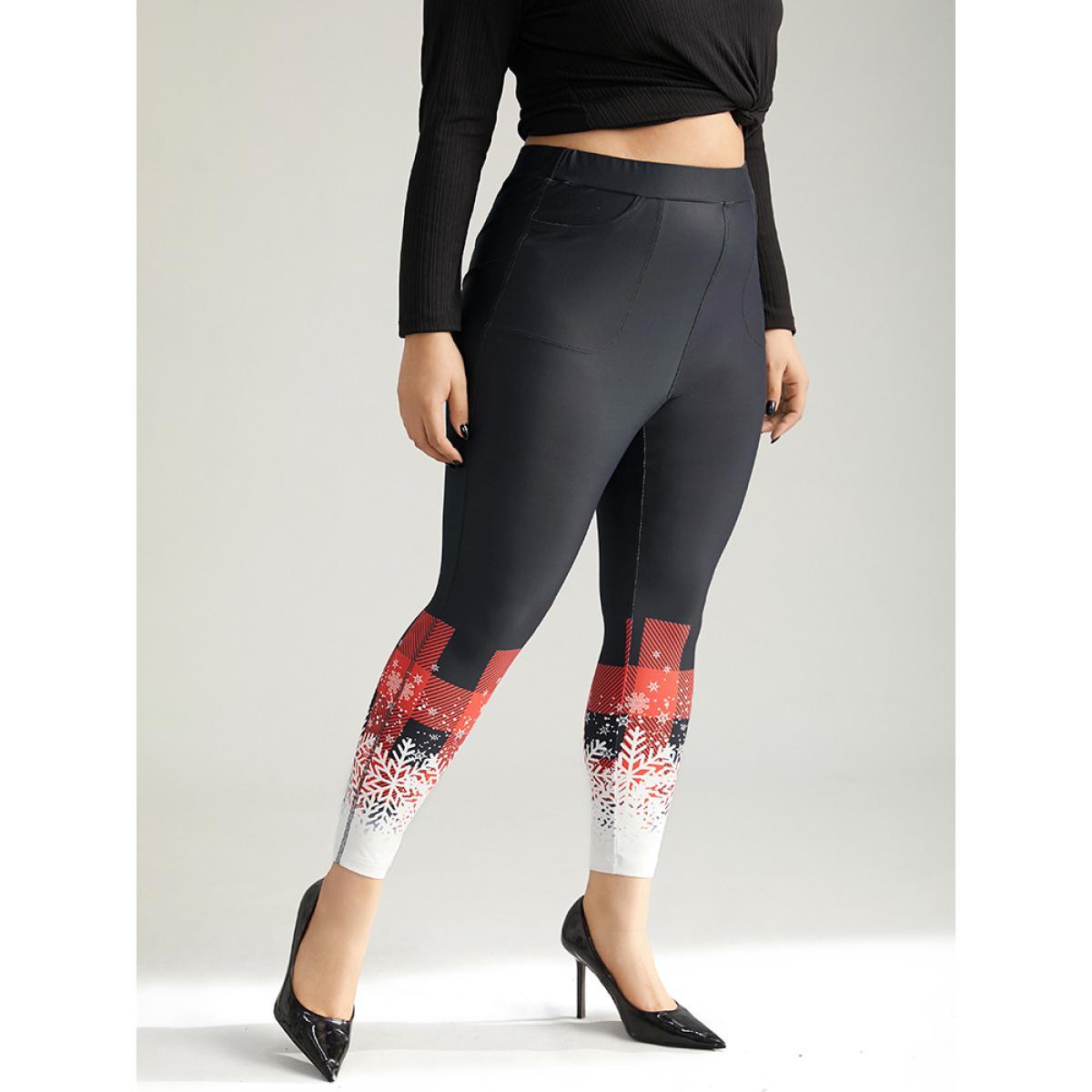 Plus Size Snowflakes Plaid Pocket Skinny Leggings Women Black Elegant High stretch Skinny High Rise Festival-Christmas Leggings BloomChic 12/L Product Image