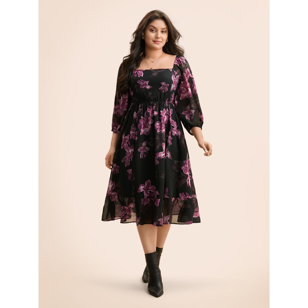 Plus Size Floral Patchwork Ruffle Hem Mesh Dress BlackFlower Women Elegant See through Square Neck Elbow-length sleeve Curvy BloomChic 12/L Product Image