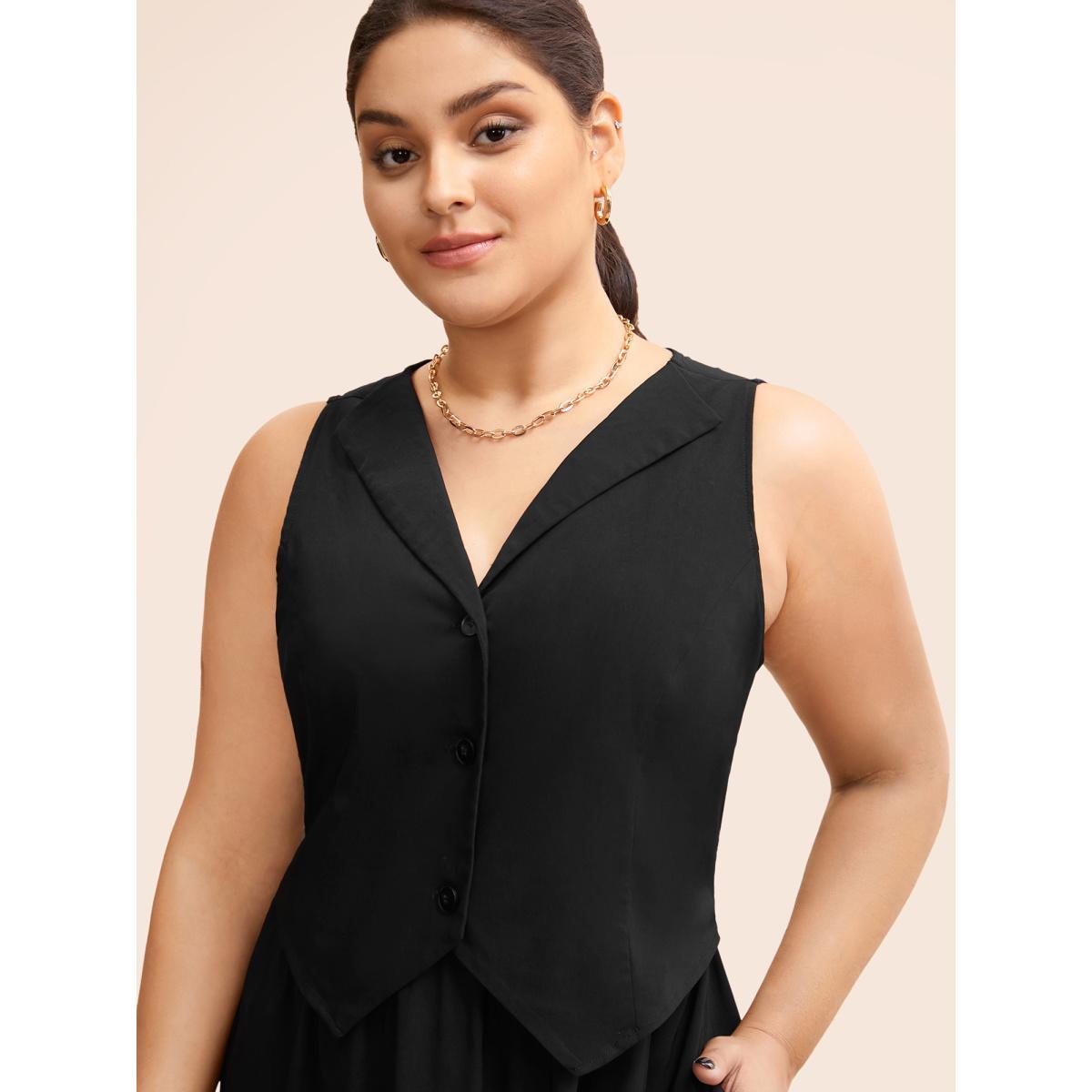Plus Size Stretch Woven Vest Flare Midi Dress Black Women At the Office Button Suit Collar Sleeveless Curvy BloomChic 18-20/2X Product Image