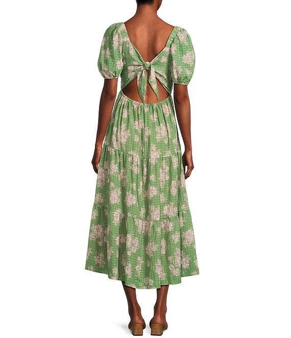 Sadie & Sage Rainy Days Textured Woven Floral Print Square Neck Short Sleeve Tie Back Tiered Maxi Dress Product Image