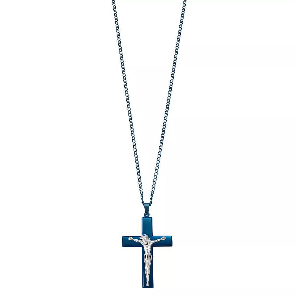 Kristen Kesho Stainless Steel Blue Plated Crucifix Curb Chain Pendant Necklace, Men's, Size: 24" Product Image