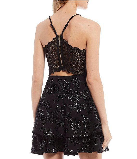 Honey and Rosie Spaghetti Strap Lace Bra-Back Eyelash Double Hem Fit & Flare Mini Dress Product Image