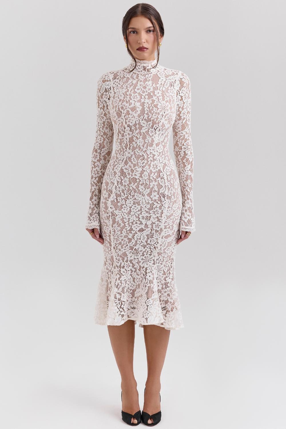 Sophia Vintage Ivory Lace Fitted Midi Dress Product Image