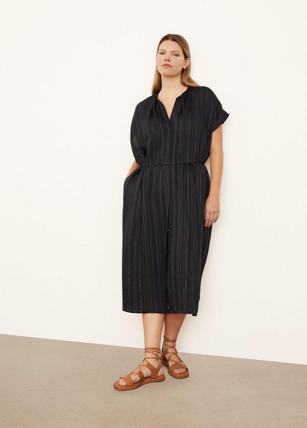 Womens Short Sleeve Drapey Stripe Shirred Dress, Coastal Blue/sandshell, Size 2XL Vince Product Image