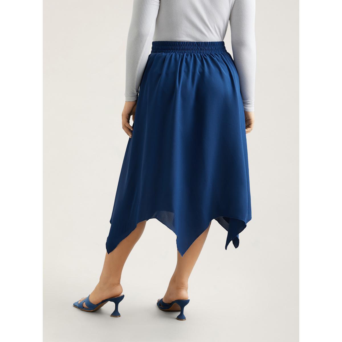 Plus Size Asymmetrical Hem Stretchy-Waist Plain Midi Skirt Women Mediumblue Elegant Asymmetrical No stretch Side seam pocket Everyday Skirts BloomChic 18-20/2X Product Image