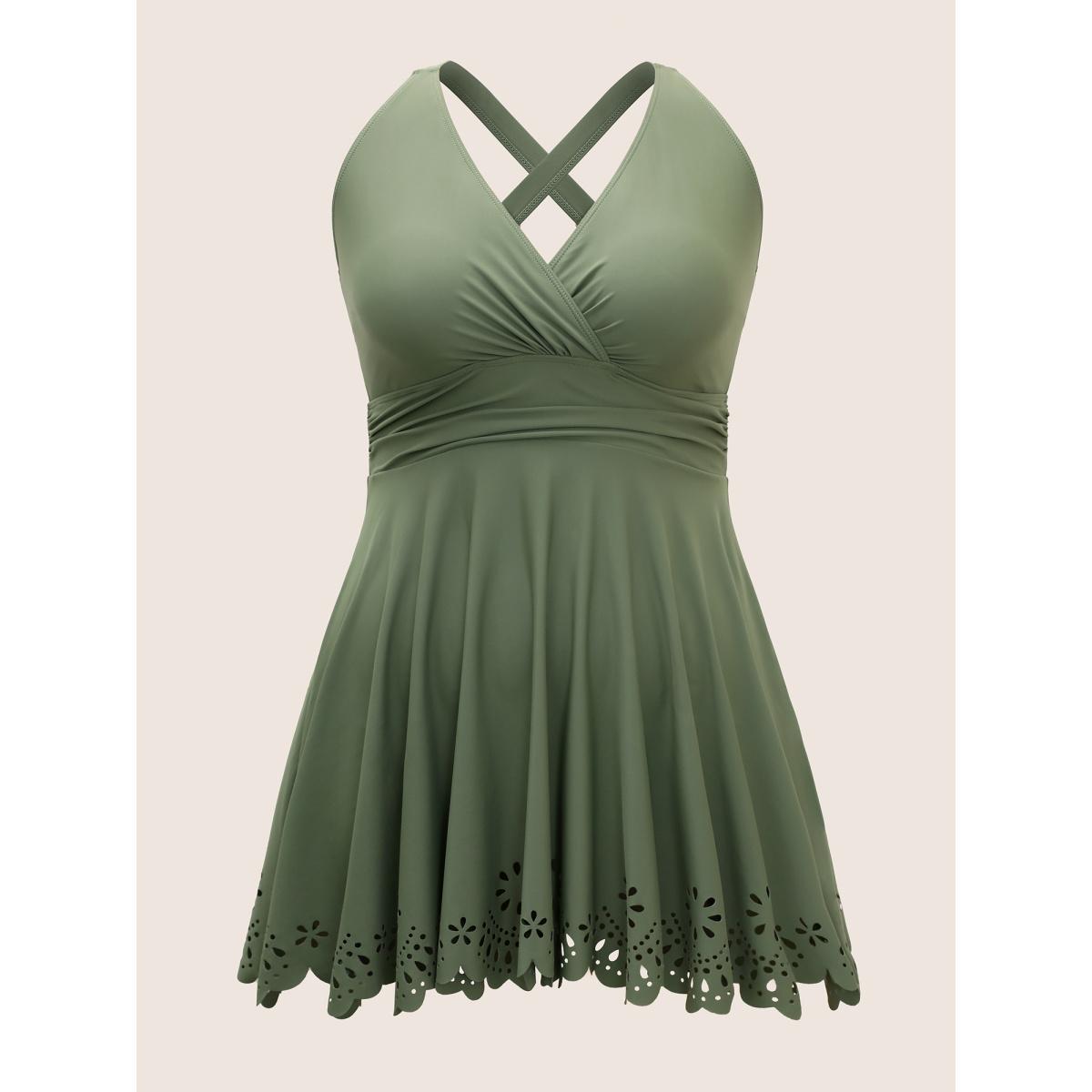 Plus Size Laser Cut Overlap Collar Bodycon Swim Dress Women's Swimwear ArmyGreen Beach Bodycon V-neck High stretch Curve Swim Dresses BloomChic 28/5X Product Image