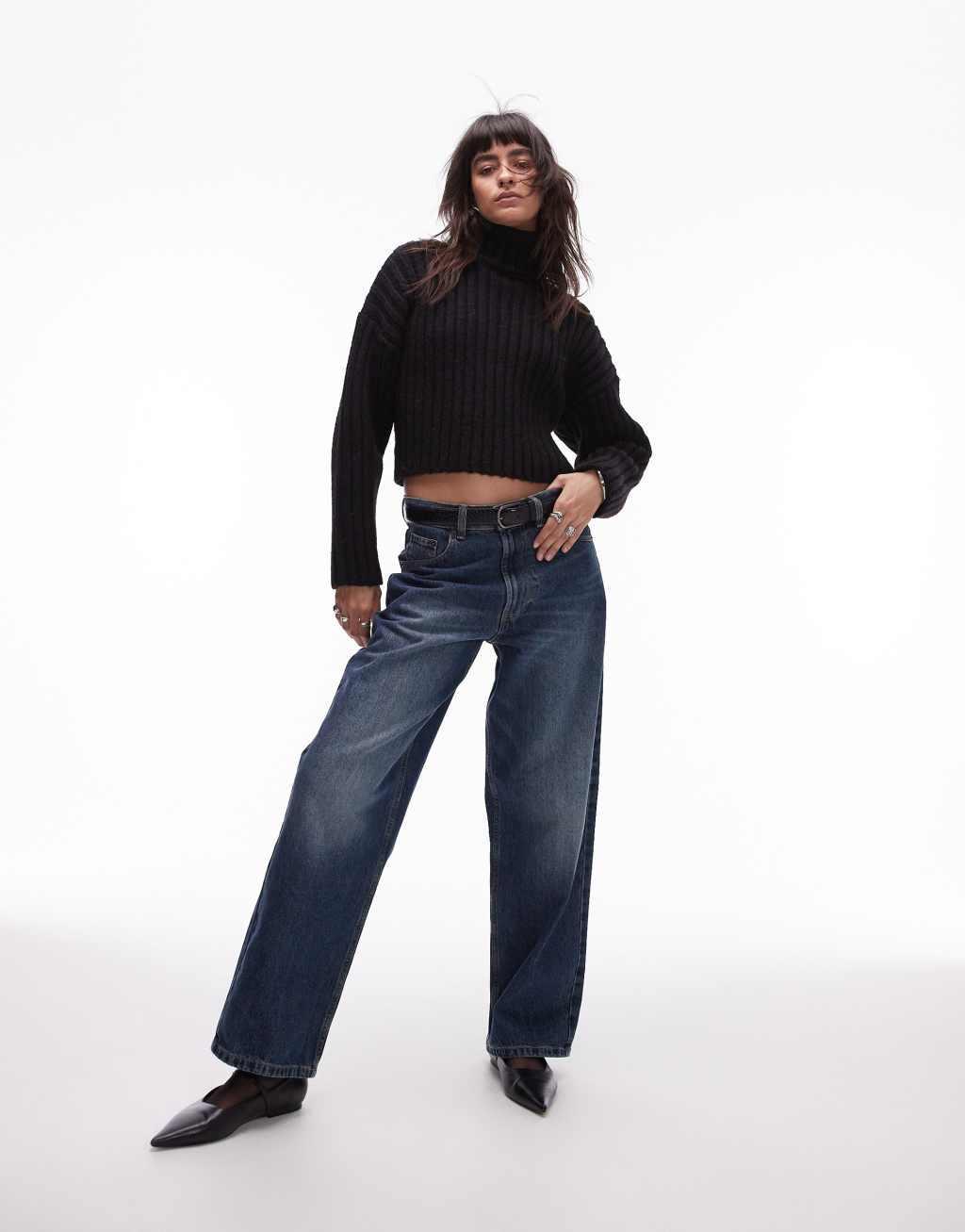 Topshop knitted roll neck rib crop sweater in black Product Image