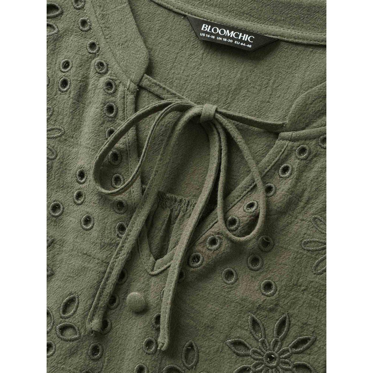 Plus Size ArmyGreen Broderie Anglaise Tie Knot Lantern Sleeve Blouse Women Resort Elbow-length sleeve Notched collar Vacation Blouses BloomChic 26/4X Product Image