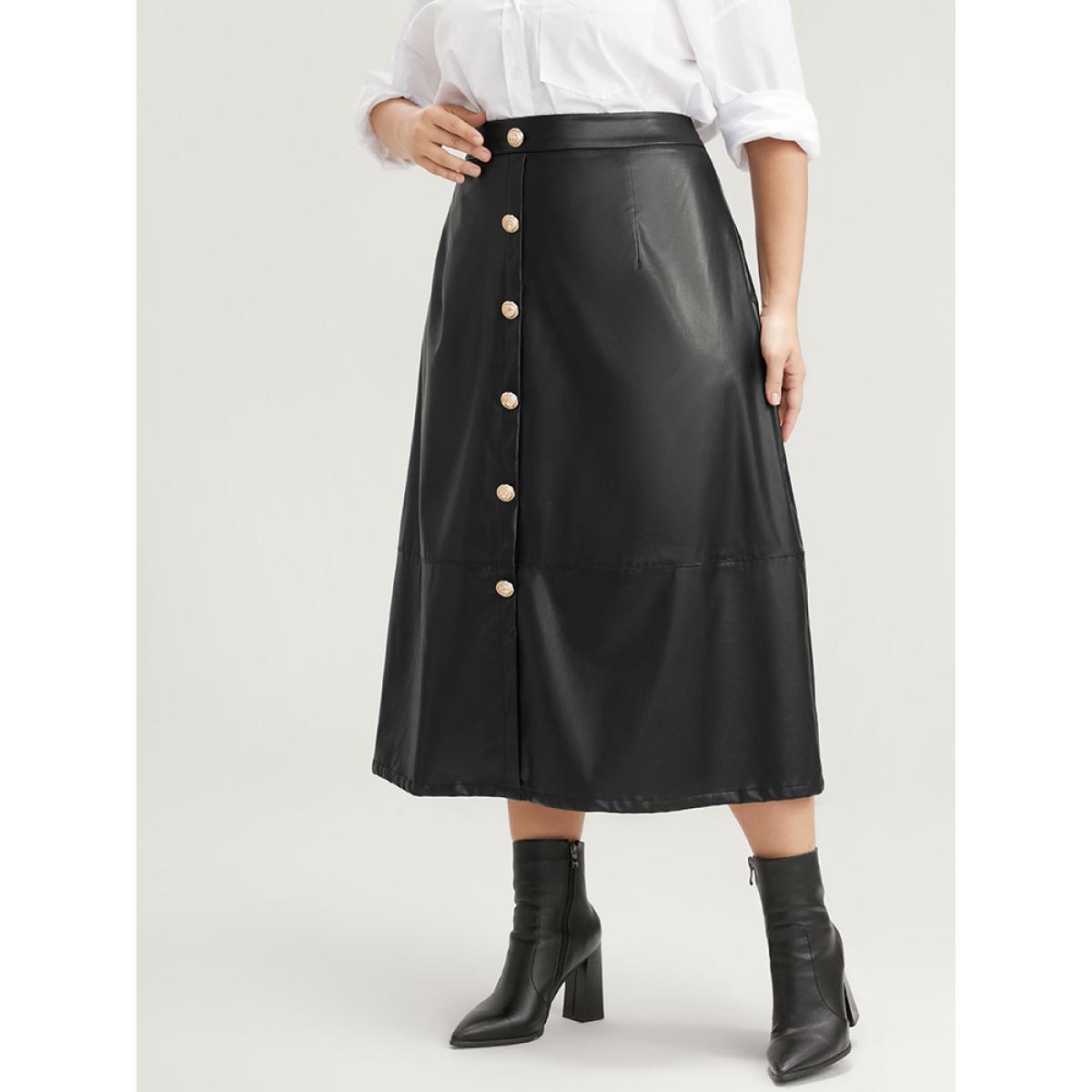 Plus Size PU Leather Button Detail Skirt Women Black Glamour Button Low stretch Going out Skirts BloomChic 28/5X Product Image