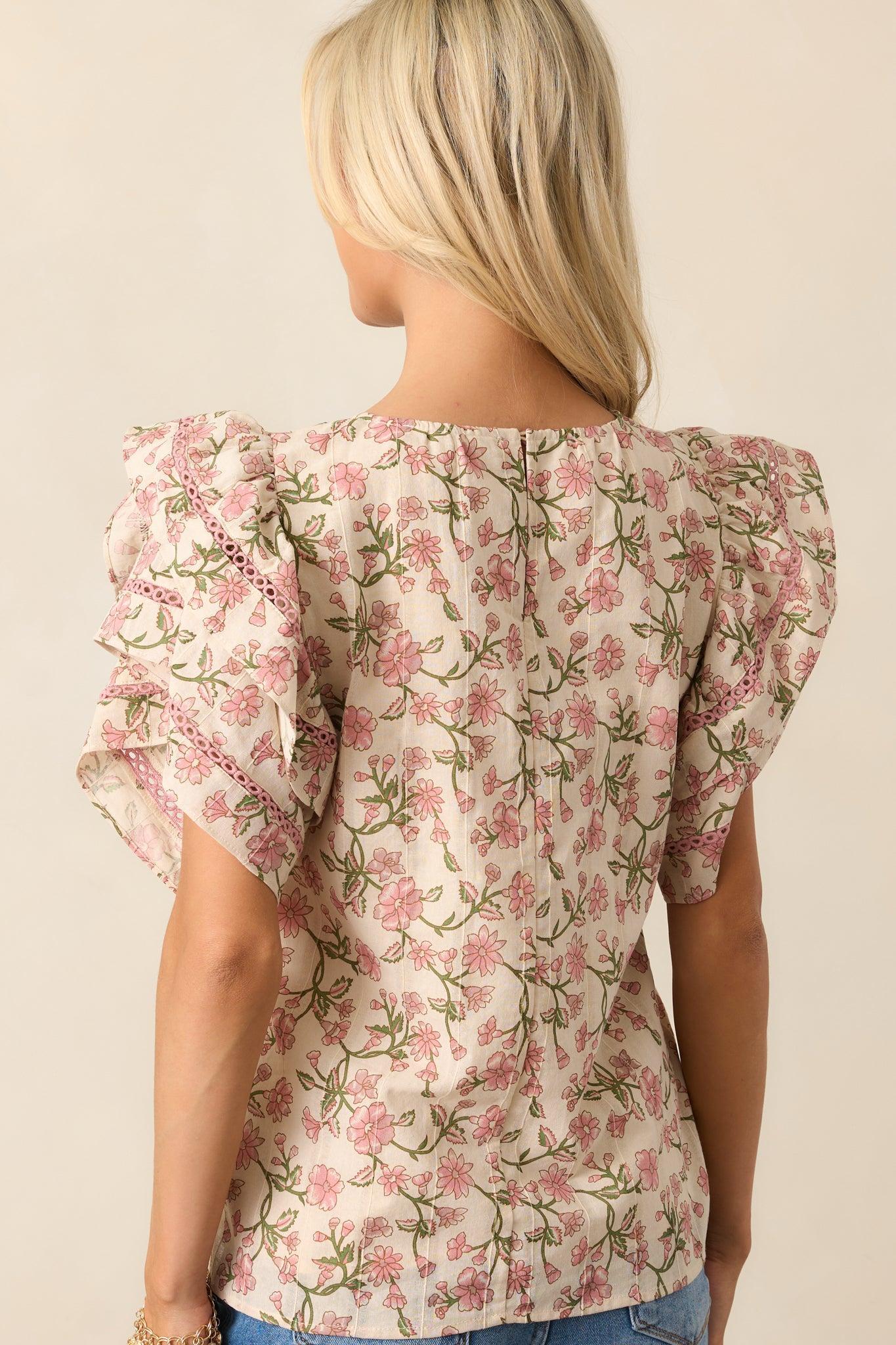 Secret Garden Path Cotton Rose Pink Flutter Sleeve Blouse Product Image
