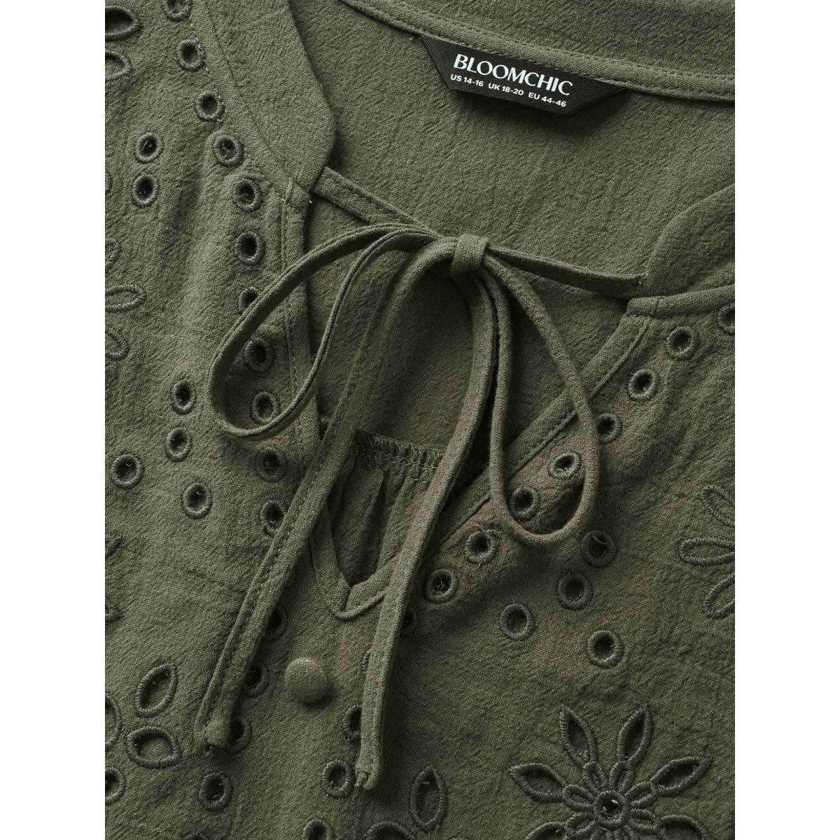 Plus Size ArmyGreen Broderie Anglaise Tie Knot Lantern Sleeve Blouse Women Resort Elbow-length sleeve Notched collar Vacation Blouses BloomChic 26/4X Product Image