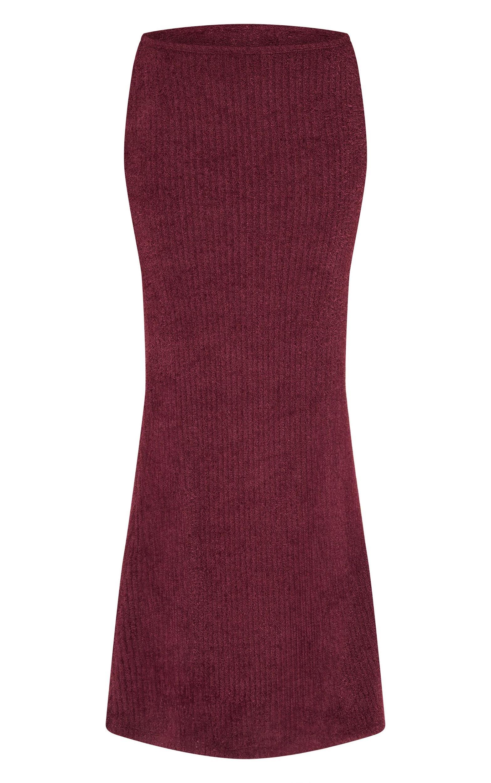 Burgundy Textured Soft Rib Mid Rise Maxi Skirt Product Image