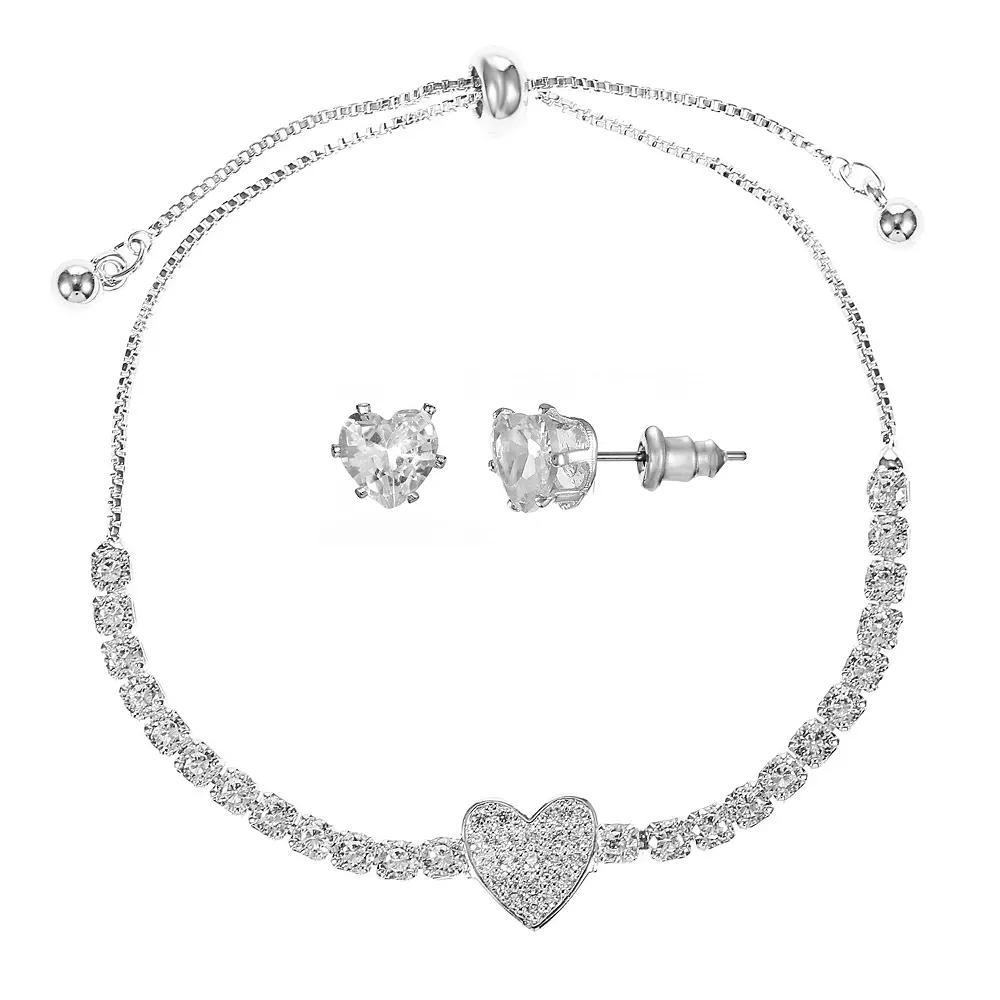 Silver Tone Cubic Zirconia Heart Adjustable Bracelet & Stud Earrings Set, Women's, Size: 4-10" ADJ, Silver Tone Clear Product Image