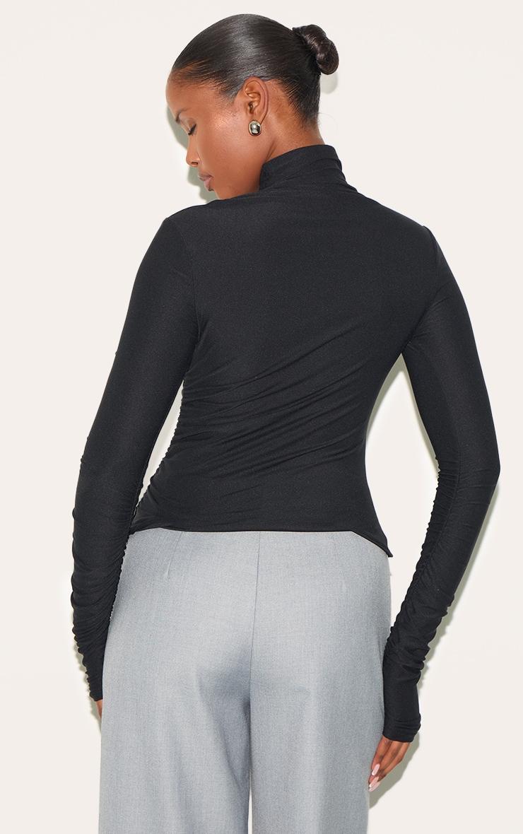 Black Soft Touch High Neck Ruched Sleeve Top Product Image