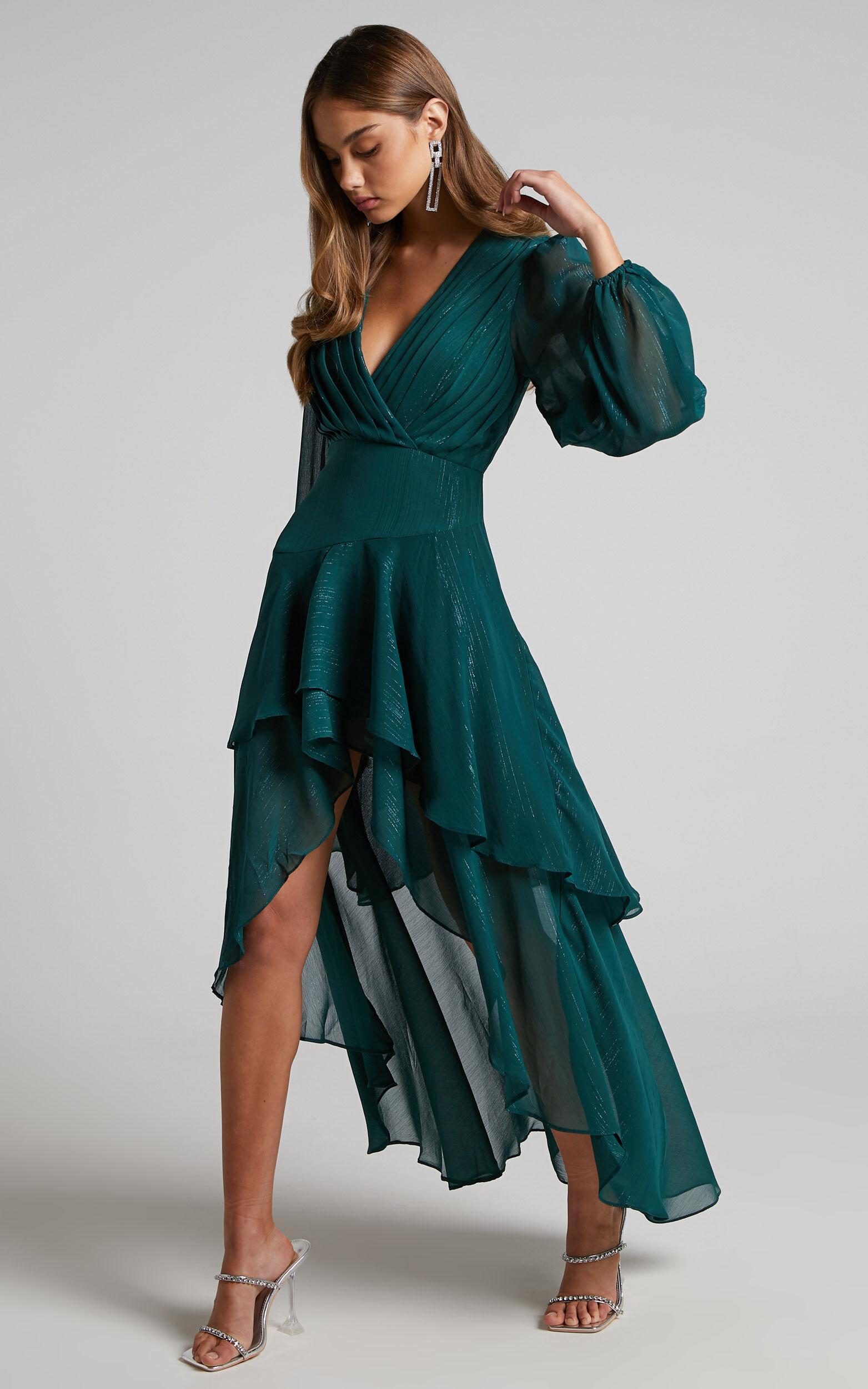 Claudita Midi Dress - Long Sleeve High Low Hem Dress in Emerald Product Image