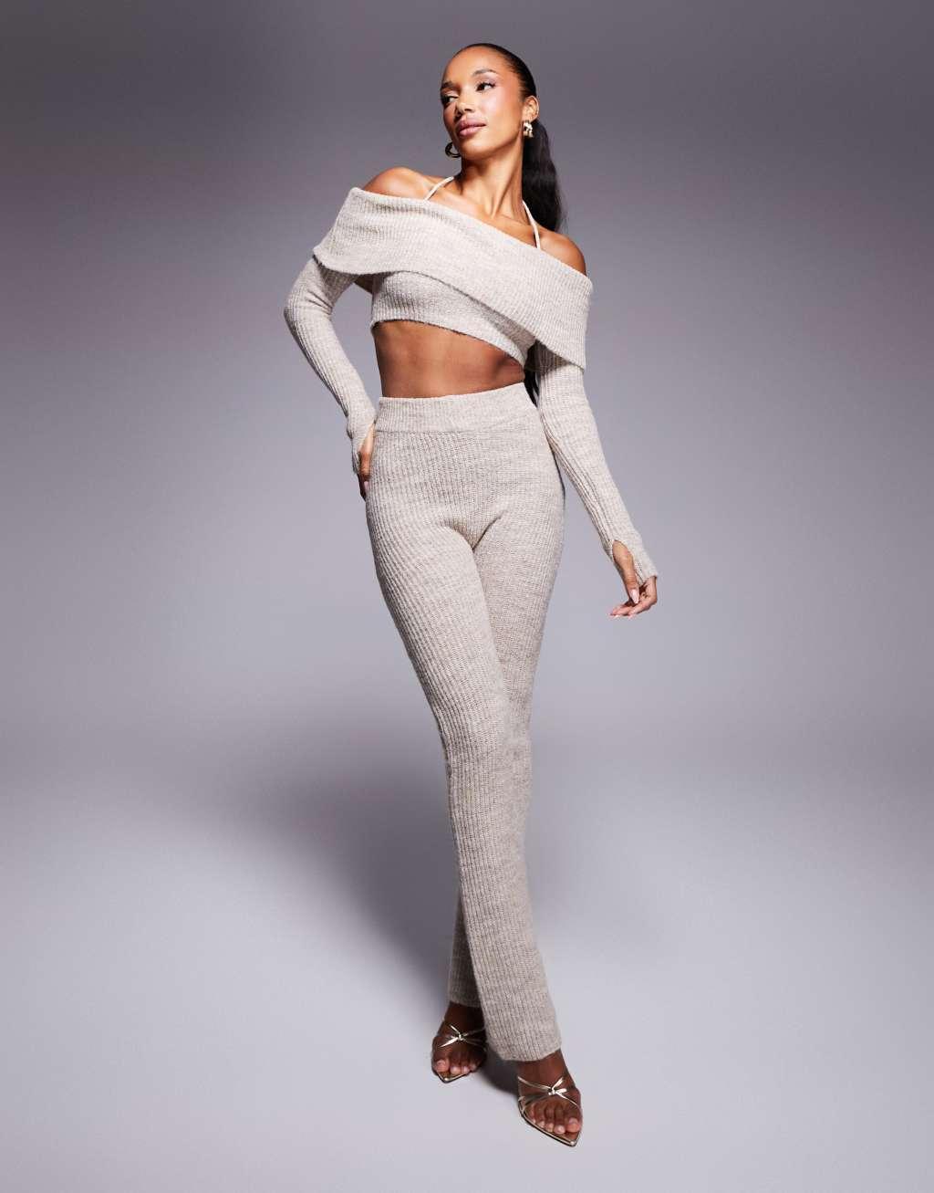 Wanderdoll Carrie knit off the shoulder crop top and pants set in oatmeal  Product Image