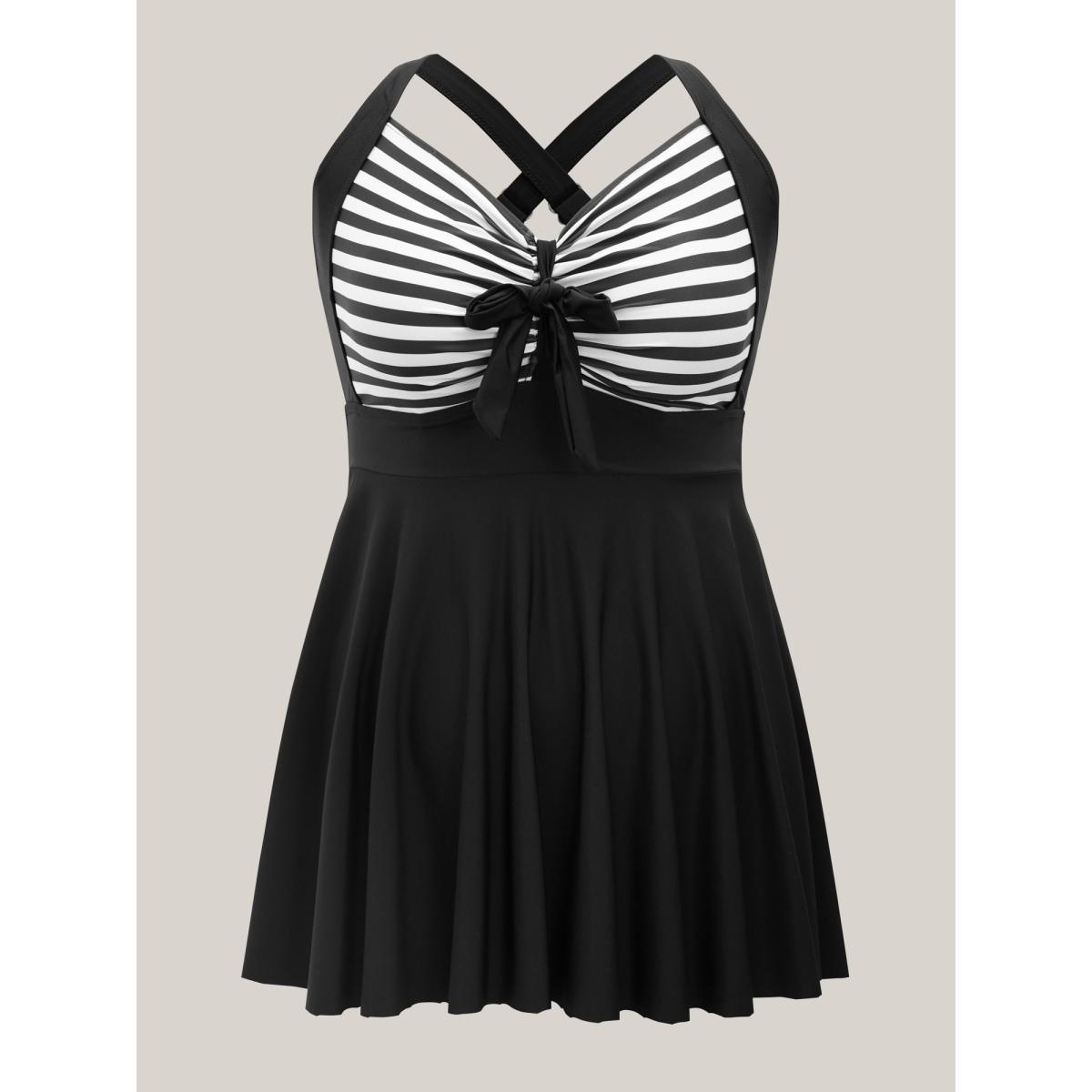 Plus Size Stripes Patchwork Tie Knot Cross Straps Swim Dress Women's Swimwear Black Beach Bodycon Heart neckline High stretch Curve Swim Dresses BloomChic 12/L Product Image