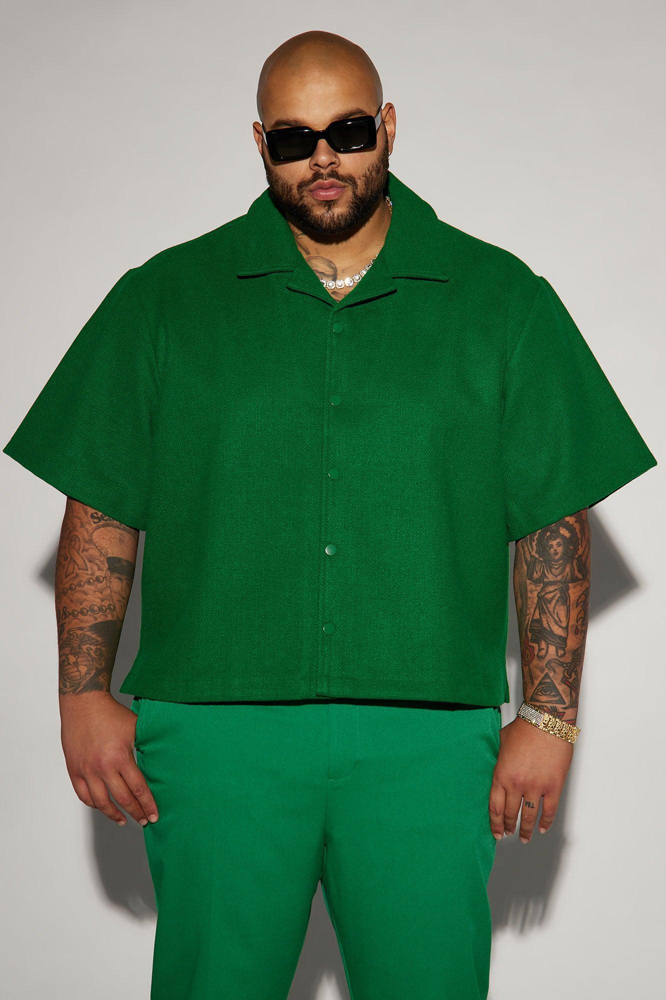 Wilder Textured Weave Cropped Button Up Shirt - Green Product Image