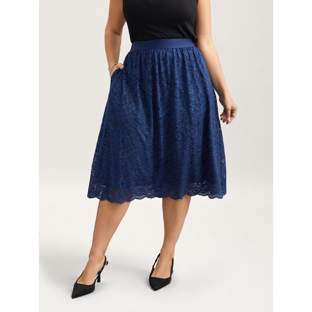 Plus Size Stretchy-Waist Pleated Lace Midi Skirt Women Indigo Elegant Tiered Low stretch Side seam pocket Everyday Skirts BloomChic 28/5X Product Image