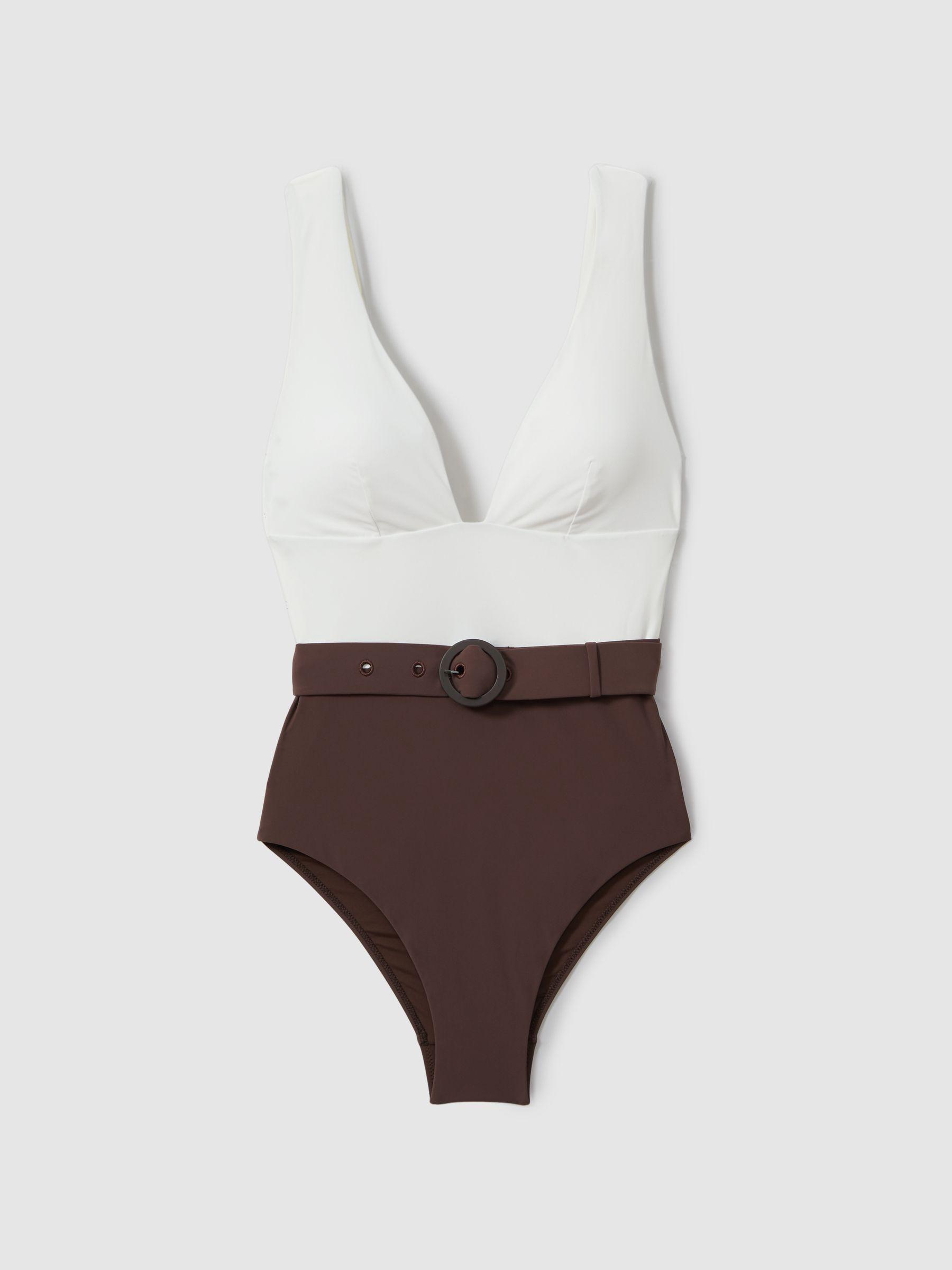 Colourblock Belted Swimsuit in Ivory/Chocolate Product Image