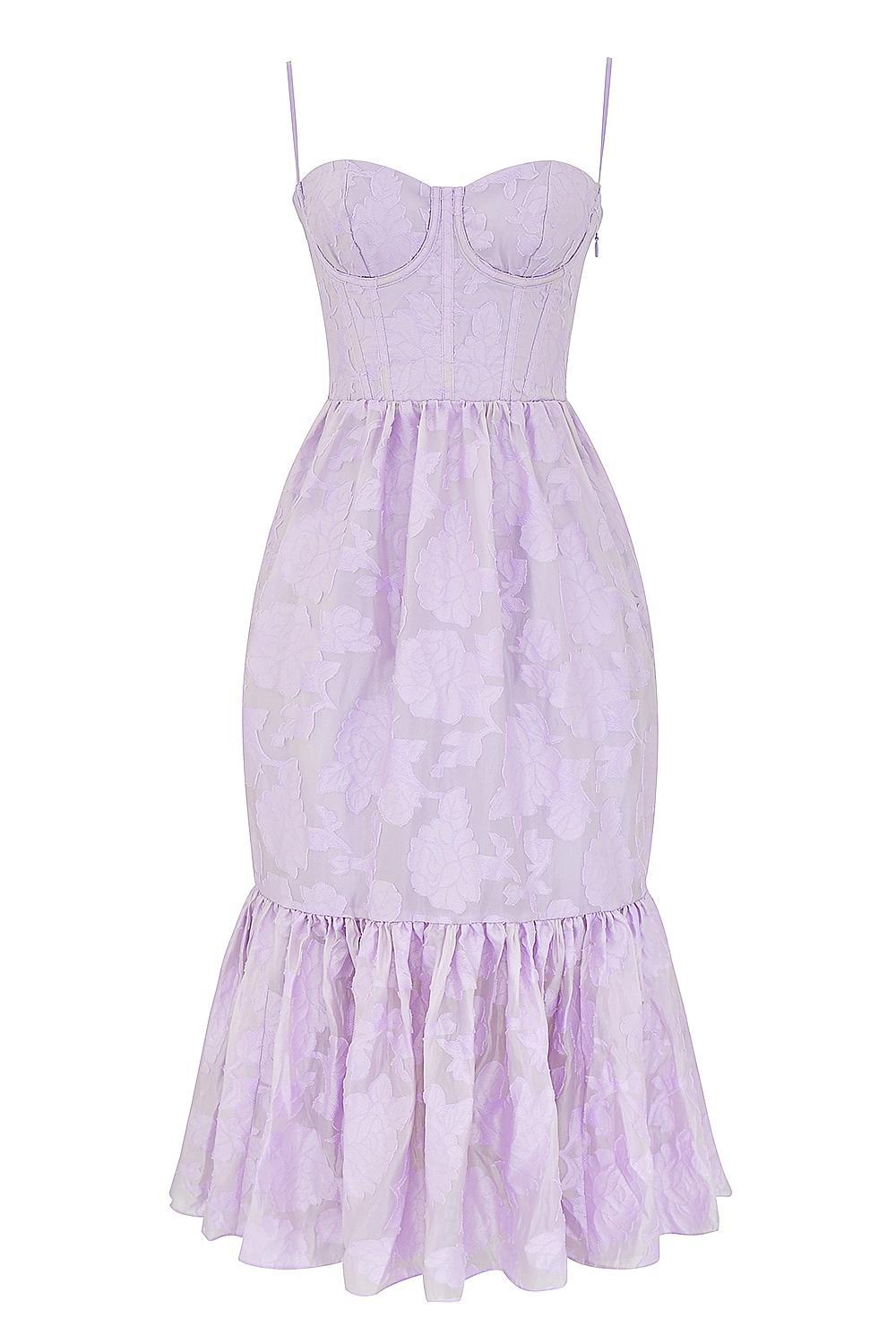 Mira Orchid Floral Jacquard Tiered Midi Dress Product Image
