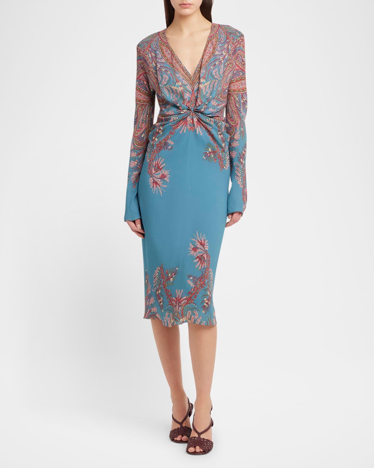 Floral Paisley Long-Sleeve Ruched Cady Dress Product Image