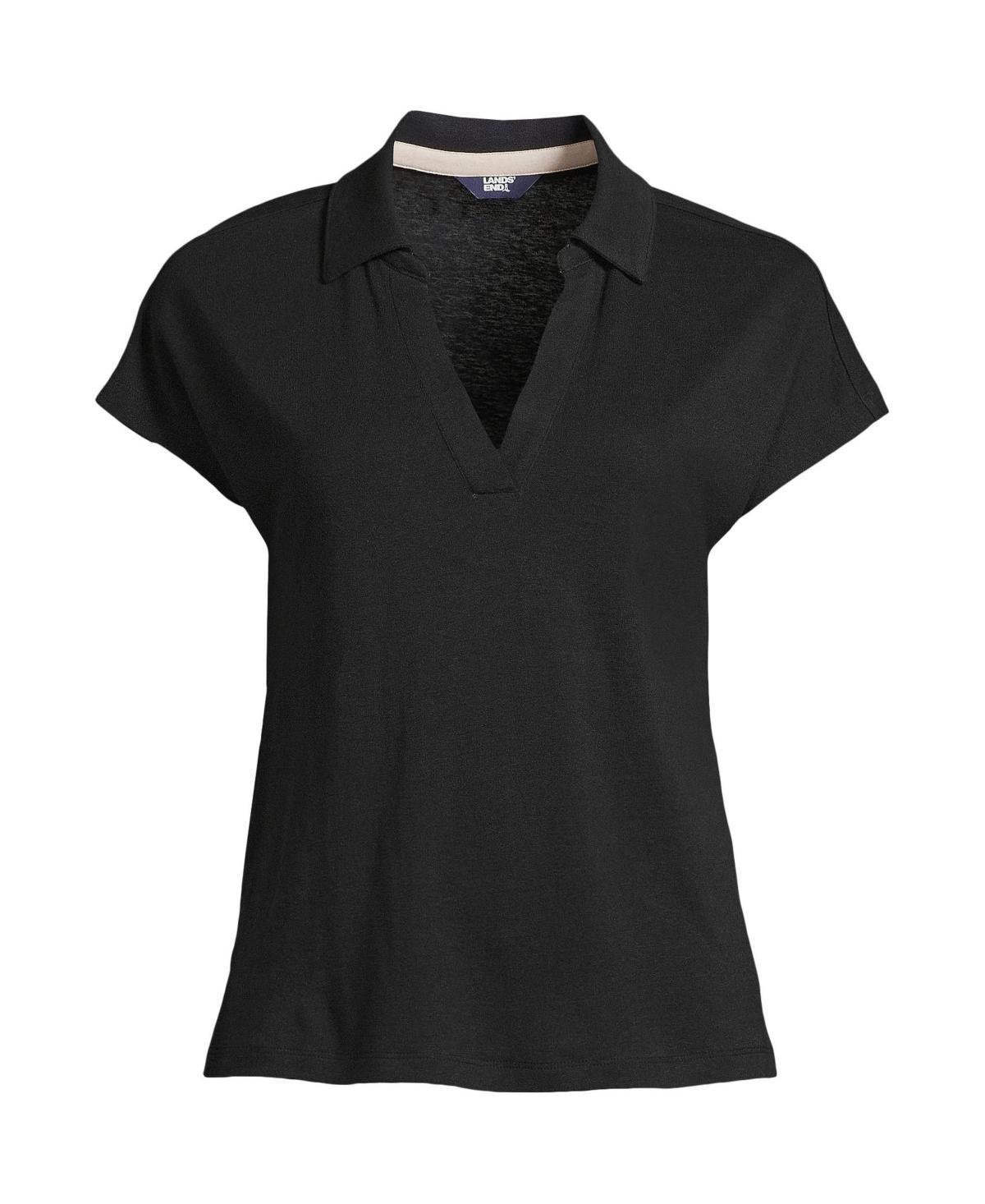 Women's Lands' End Linen Blend Johnny Collar Polo Shirt, Size: Medium, Brown Breton Stripe Product Image