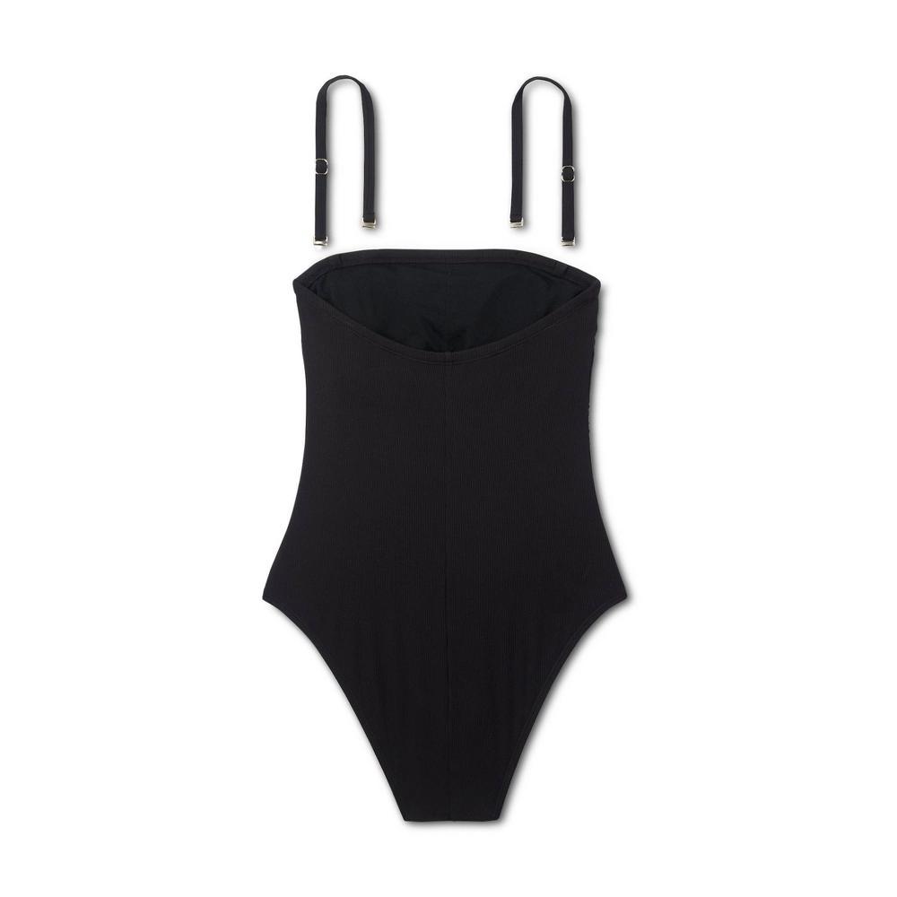 Women's Ribbed High Leg Bandeau One Piece Swimsuit - Shade & Shore™ Black L: Recycled Polyester, Spandex, Removable Strap Product Image